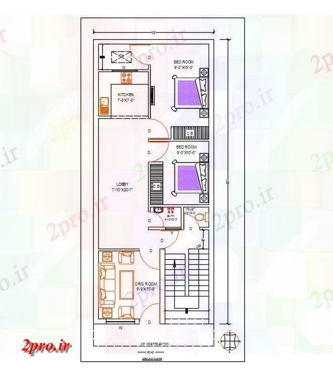 دانلود نقشه مسکونی  ، ویلایی ، آپارتمان  X 45     شرق روبرو 2 BHK خانه  (کد48658)