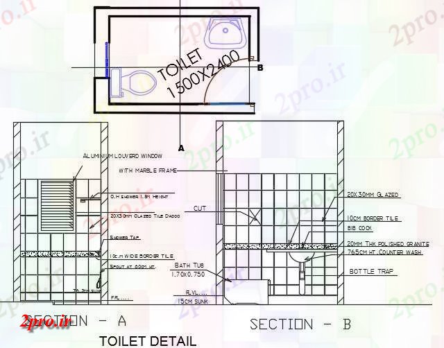 دانلود نقشه بلوک حمام و توالتطرحی توالت با بخش نشیمن   (کد48711)