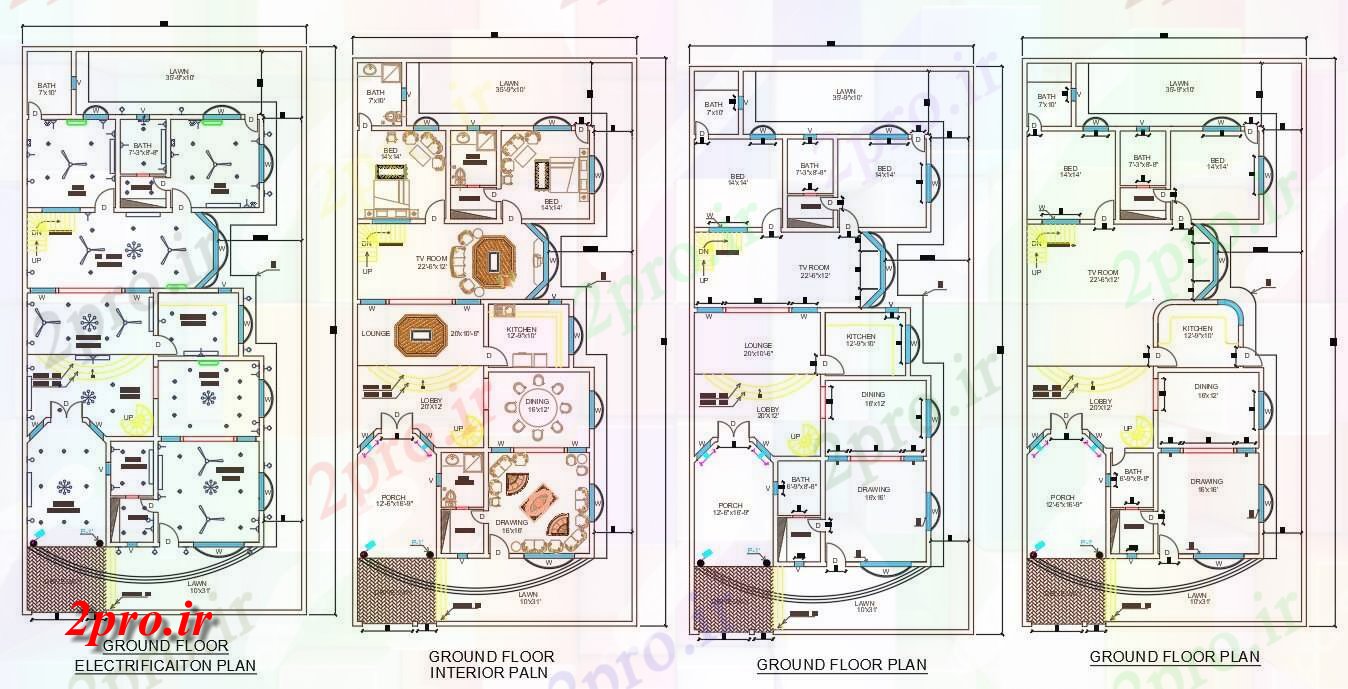 دانلود نقشه مسکونی  ، ویلایی ، آپارتمان    از 45'X90، 2BHK G + 1 طرحی برق، طراحی داخلی مبلمان، و طرحی طبقه،    (کد48713)