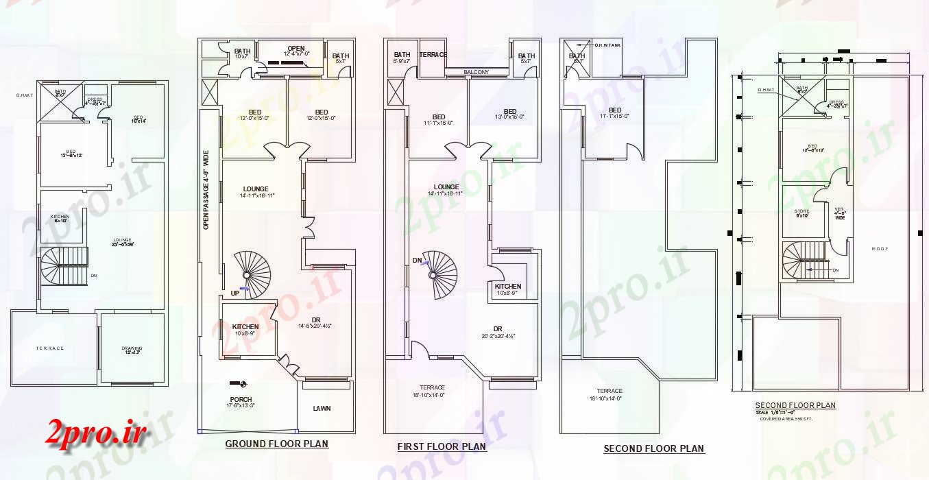 دانلود نقشه مسکونی  ، ویلایی ، آپارتمان   دو بعدی   فاده از 2bedroom طرحی G + 2 خانه،    (کد48714)