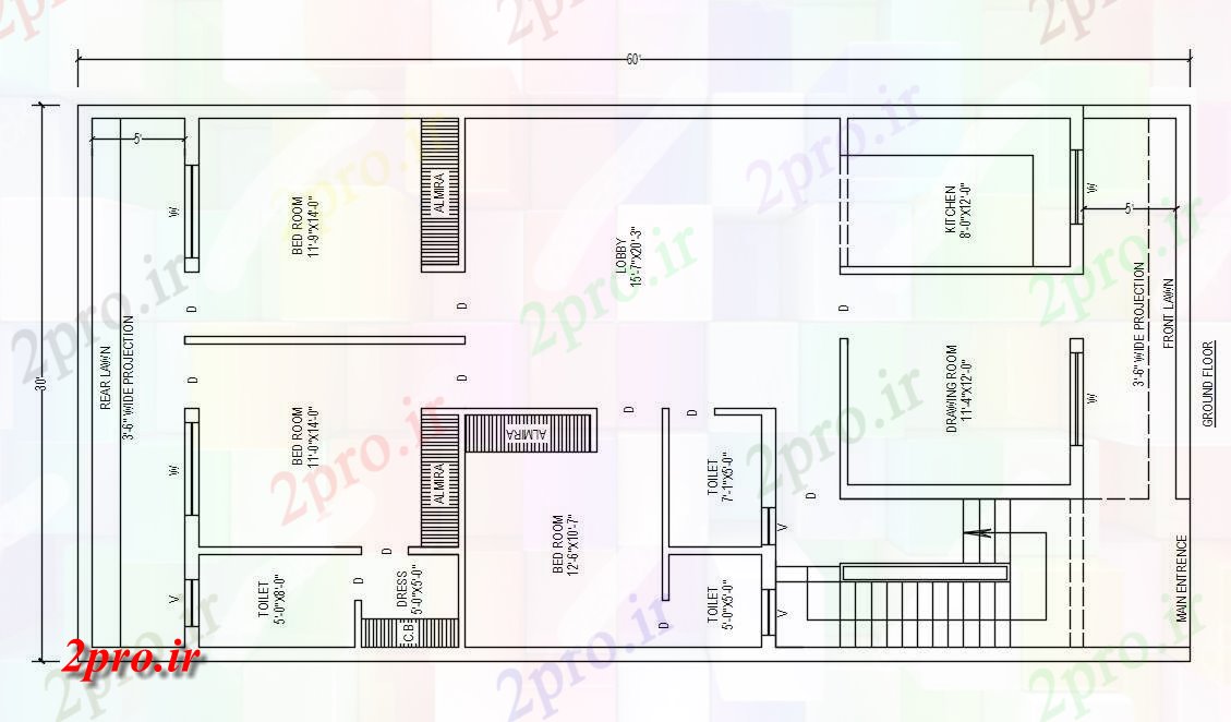 دانلود نقشه مسکونی  ، ویلایی ، آپارتمان  X 60 'پا خانه زمین  طرحی طبقه  (کد48721)