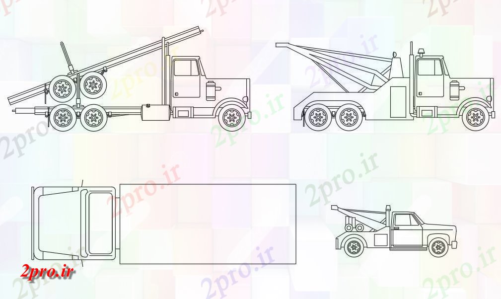 دانلود نقشه بلوک وسایل نقلیه   شامل طراحی نمای کامیون و جرثقیل خودرو   (کد48819)