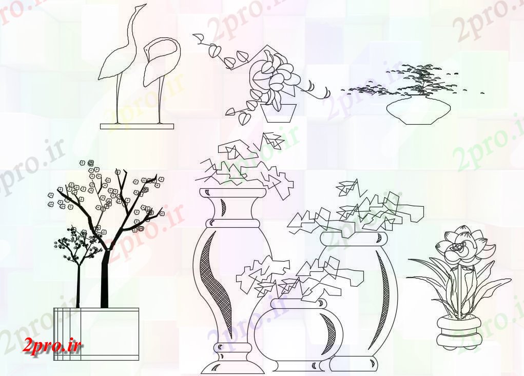 دانلود نقشه درختان و گیاهان گیاهان در گلدان  بلوک نمای نشیمن    (کد48831)
