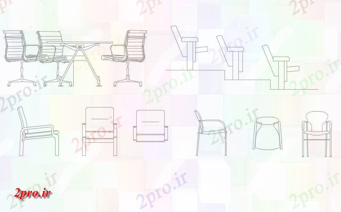 دانلود نقشه بلوک مبلمان  اتوکد دو بعدی : رسم داشتن جزئیات از چهار سبک های مختلف از جدول و بلوک صندلی طراحی نما،   (کد48866)
