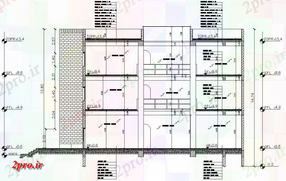 دانلود نقشه پلان مقطعی   نشان می دهد جزئیات مربوط به G + 2commercial ساختمان طراحی، قطعه قطعه،   (کد48871)