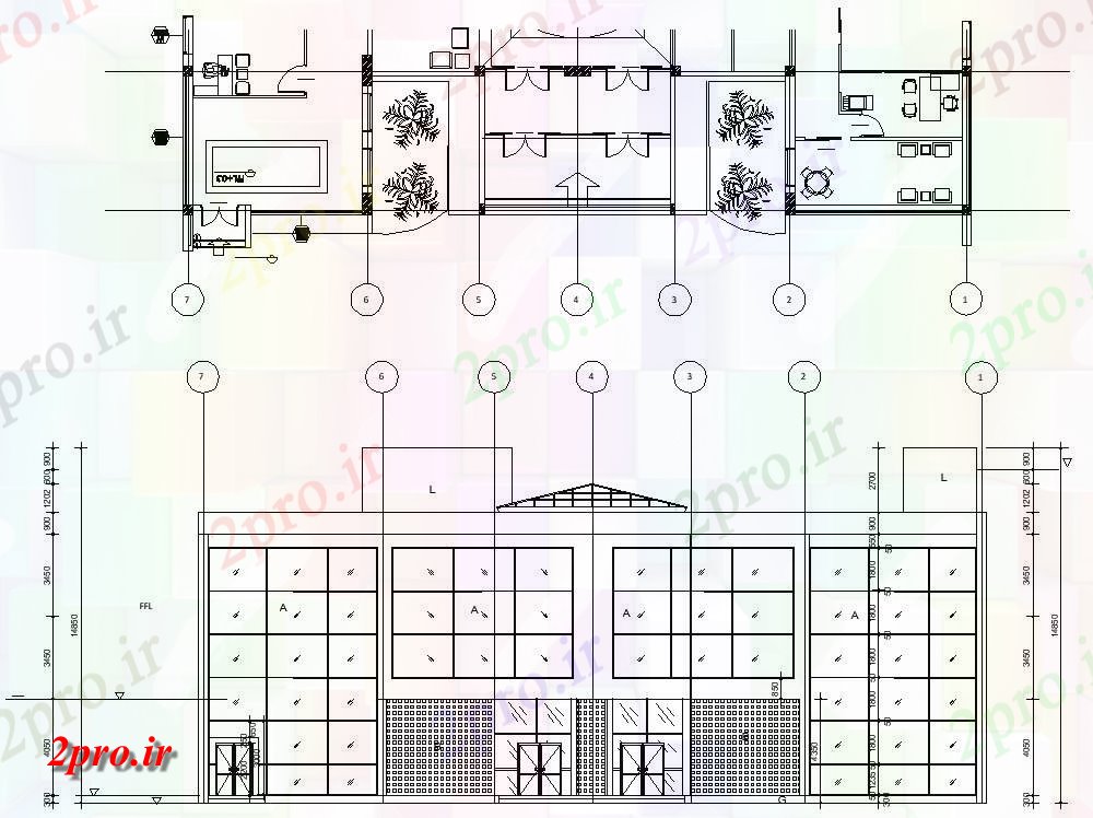 دانلود نقشه پلان مقطعی طراحی من نشان  جزئیات از نما جلو و طراحی مقطعی از رستوران building  (کد48872)