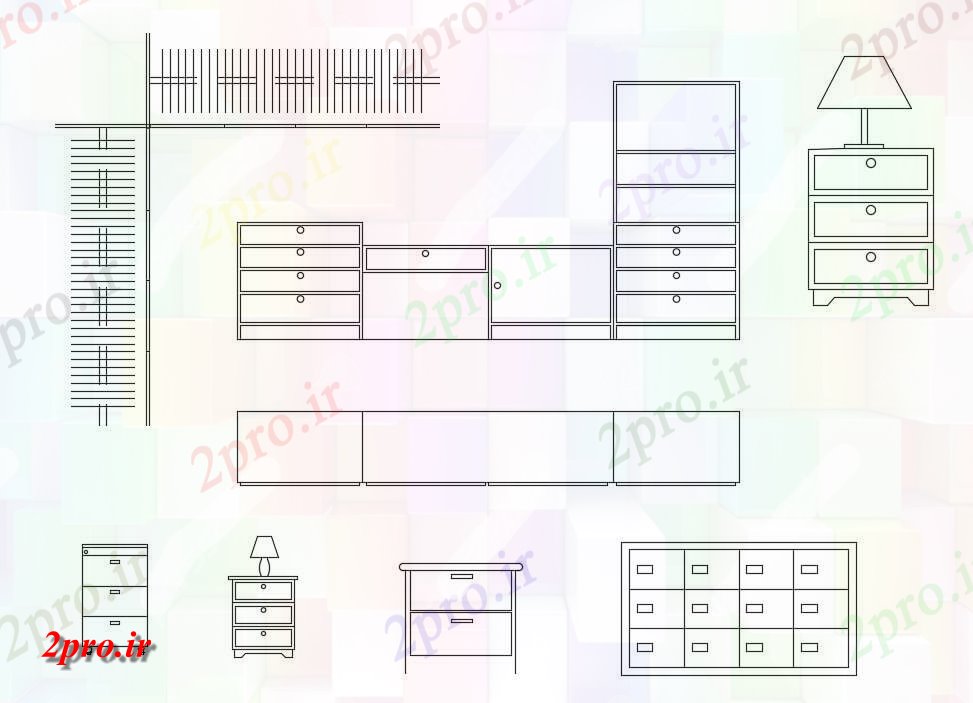 دانلود نقشه بلوک مبلمان  شامل انواع مختلفی از بلوک طراحی کمد های چوبی با نور     (کد48980)