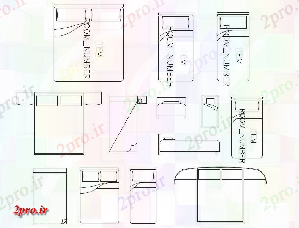 دانلود نقشه بلوک مبلمان انواع مختلف تخت خواب دو بعدی  طراحی     (کد49056)