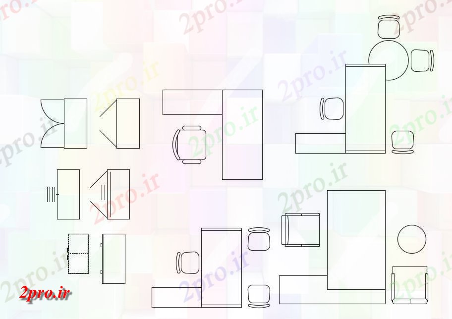 دانلود نقشه بلوک مبلمان طراحی  از انواع مختلفی از جداول شکل L و صندلی بلوک طراحی نما،   (کد49097)