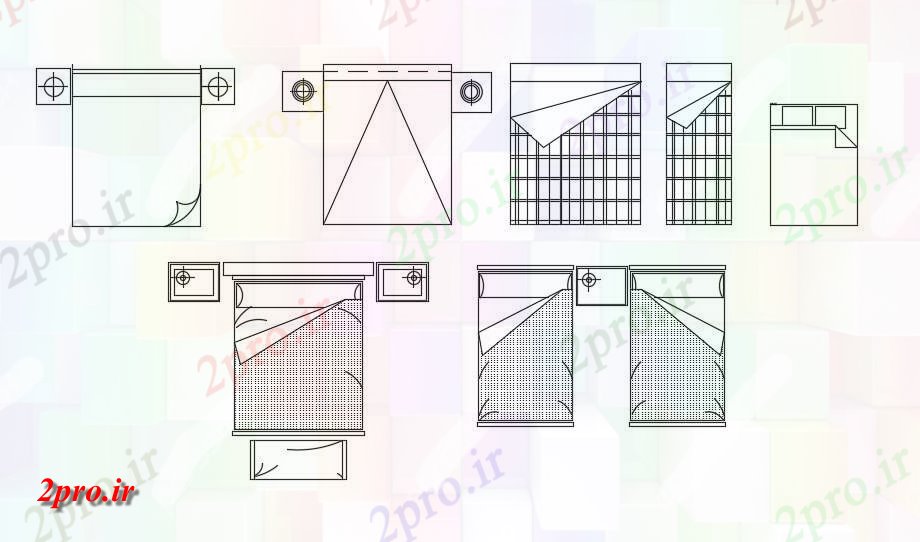دانلود نقشه بلوک مبلمان انواع طراحی های تخت خواب دو بعدی  مبلمان    (کد49099)