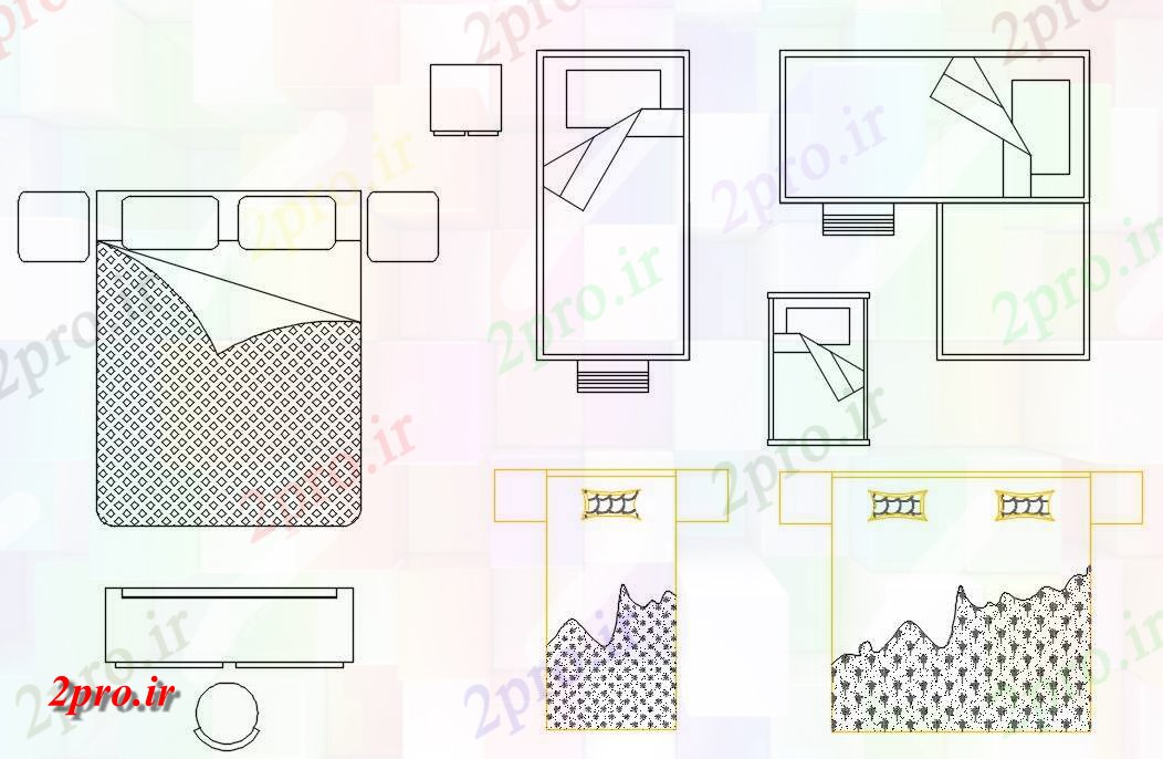 دانلود نقشه بلوک مبلمان انواع مختلف تخت خواب دو بعدی  طراحی  (کد49100)