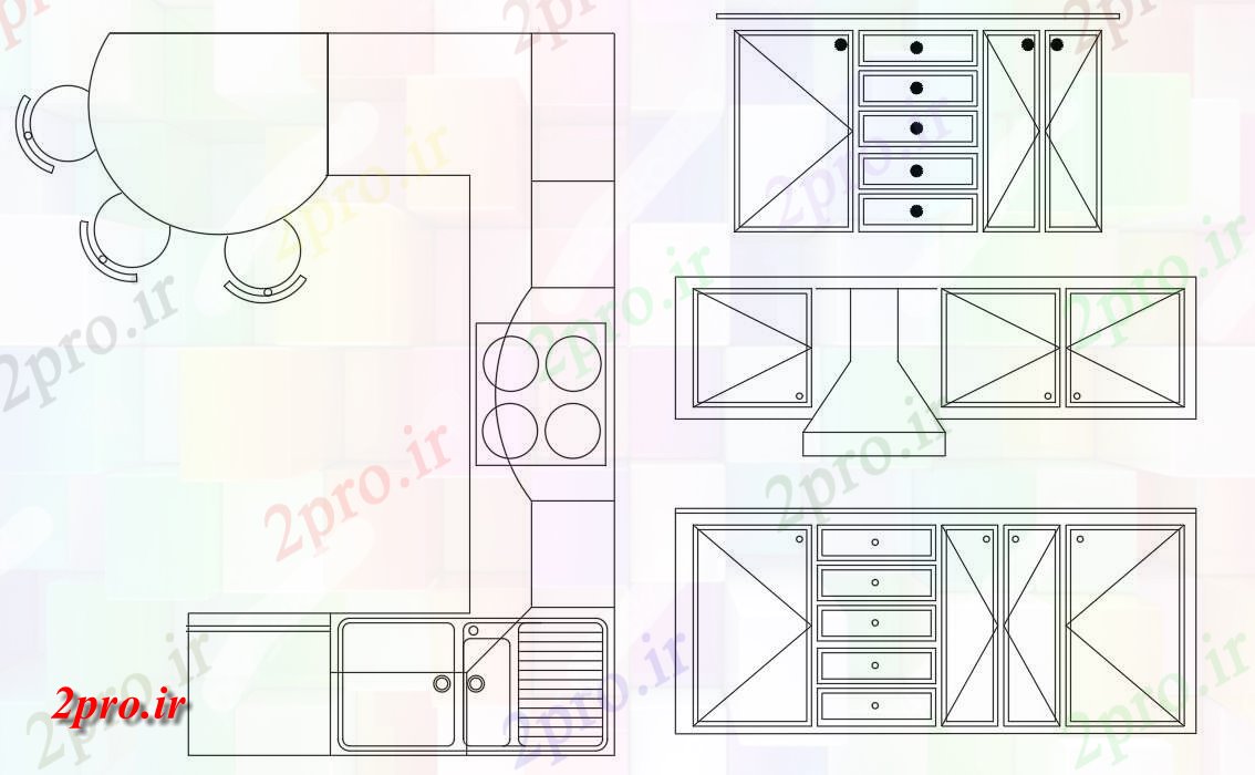 دانلود نقشه آشپزخانه طرحی آشپزخانه با مبلمان نما طراحی   (کد49111)