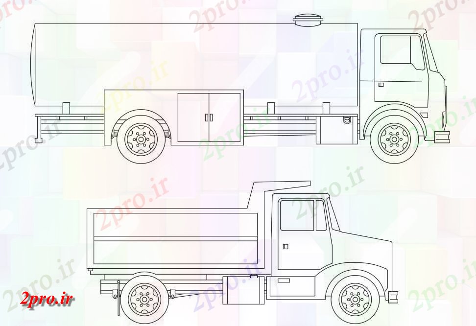 دانلود نقشه بلوک وسایل نقلیه تخلیه و کامیون تانکر نمای  بلوک  (کد49127)