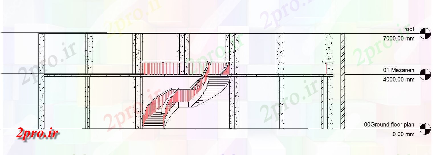 دانلود نقشه پلان مقطعی G + 1 ساختمان فروشگاه با بخش مرکز راه پله طرحی    دو بعدی   (کد49189)