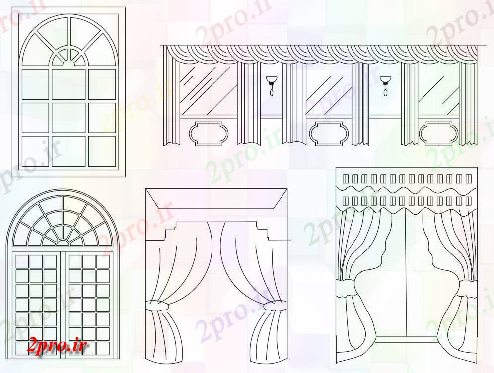 دانلود نقشه جزئیات طراحی در و پنجره  درب زیبا قوس و ویندوز، همچنین بلوک های پرده فوق العاده،  طراحی  اتوکد دو بعدی  (کد49214)