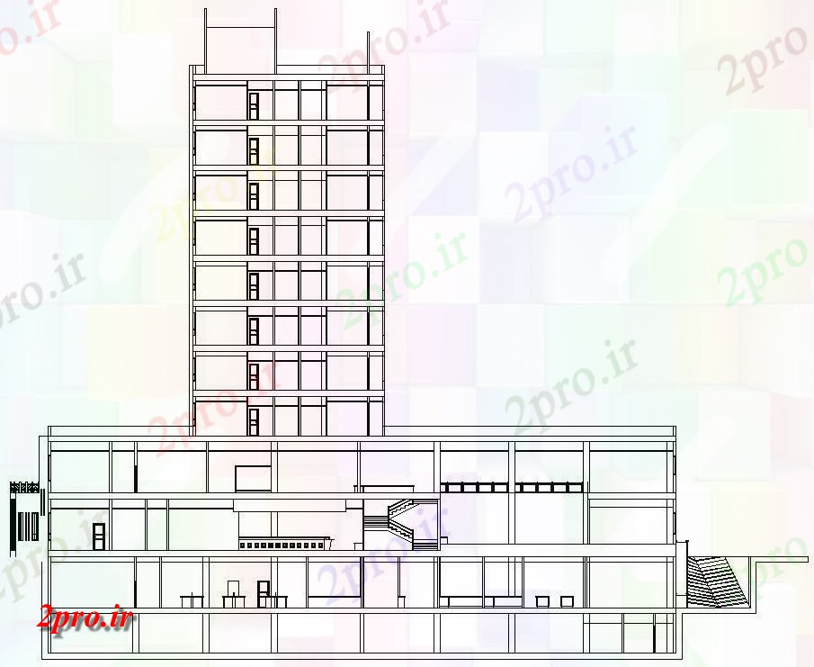 دانلود نقشه پلان مقطعی نما ساختمان اداری و بخش  طراحی،   دو بعدی   (کد49229)
