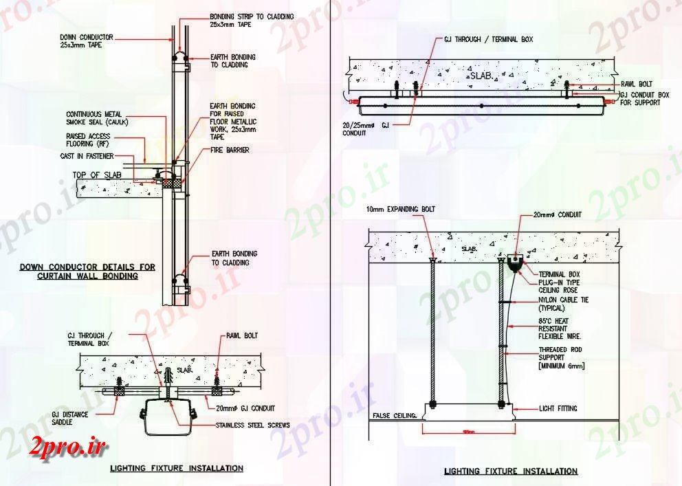 دانلود نقشه برق کشی ، اتصالات لوازم نصب کردنی روشنایی نصب و راه اندازی در دیوار و دال نشیمن  (کد49274)