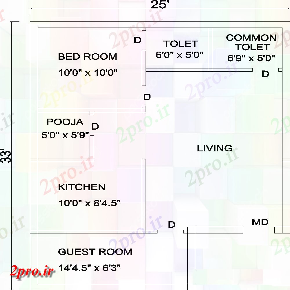 دانلود نقشه خانه های کوچک ، نگهبانی ، سازمانی - فوت مربع 2 BHK خانه (کد49333)