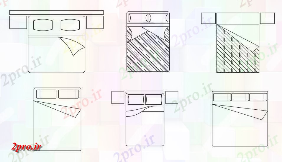 دانلود نقشه بلوک مبلمان شش نوع مختلف از طراحی تختخواب دو بعدی  مبلمان    (کد49379)