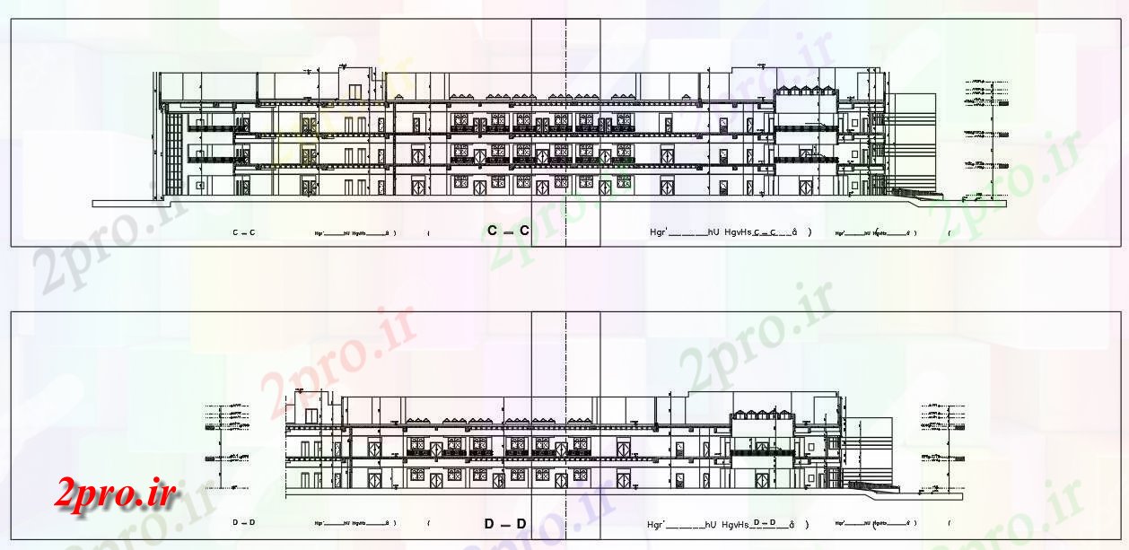 دانلود نقشه پلان مقطعی    رسم از G + 2 هتل به طرف ساختمان و جزئیات بخش    (کد49413)