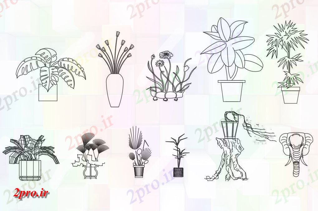 دانلود نقشه درختان و گیاهان اتوکد دو بعدی  رسم داشتن جزئیات از گیاهان فوق العاده با طرحی بلوک گلدان،   (کد49501)