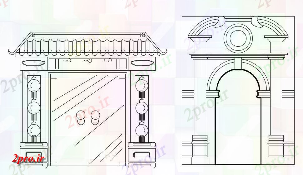 دانلود نقشه بلوک مبلمان سنتی اصلی دروازه فونت نما طراحی   (کد49578)