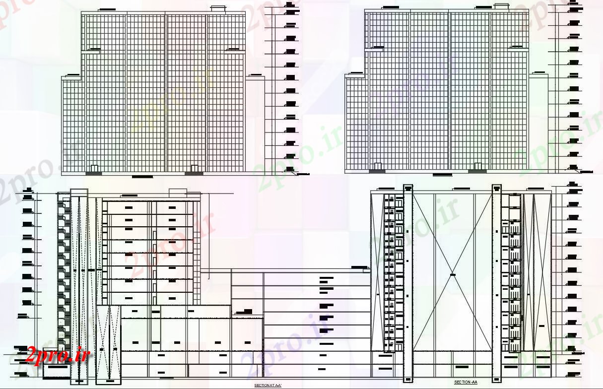 دانلود نقشه پلان مقطعی  اتوکد طراحی معماری نشان می دهد جزئیات مربوط به بخش ساختمان بلند و elevation  (کد49917)