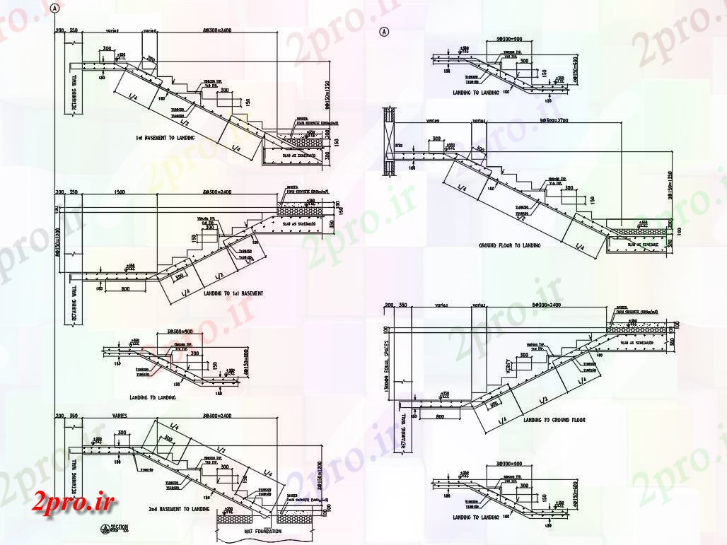 دانلود نقشه پلان مقطعی  نشیمن از نما جانبی و بخش جزئیات راه پله،   (کد49920)