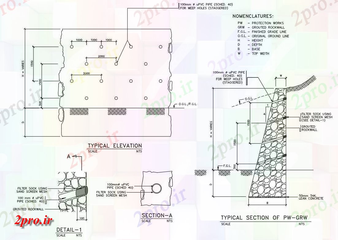 دانلود نقشه پلان مقطعی   طراحی توصیف نمونه نمای جزئیات PW (آثار حفاظت ) و GRW (Groute راکوال)  اتوکد (کد50008)