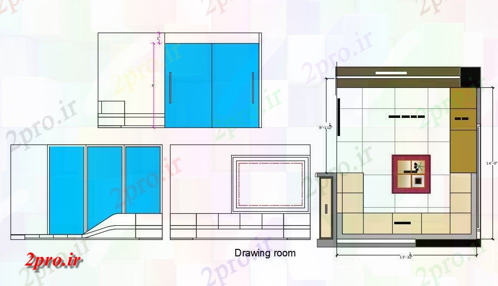 دانلود نقشه اتاق نشیمن  ، حال ، پذیرایی X13 زیبای نشیمن طرحی اتاق با نما نشیمن   (کد50059)