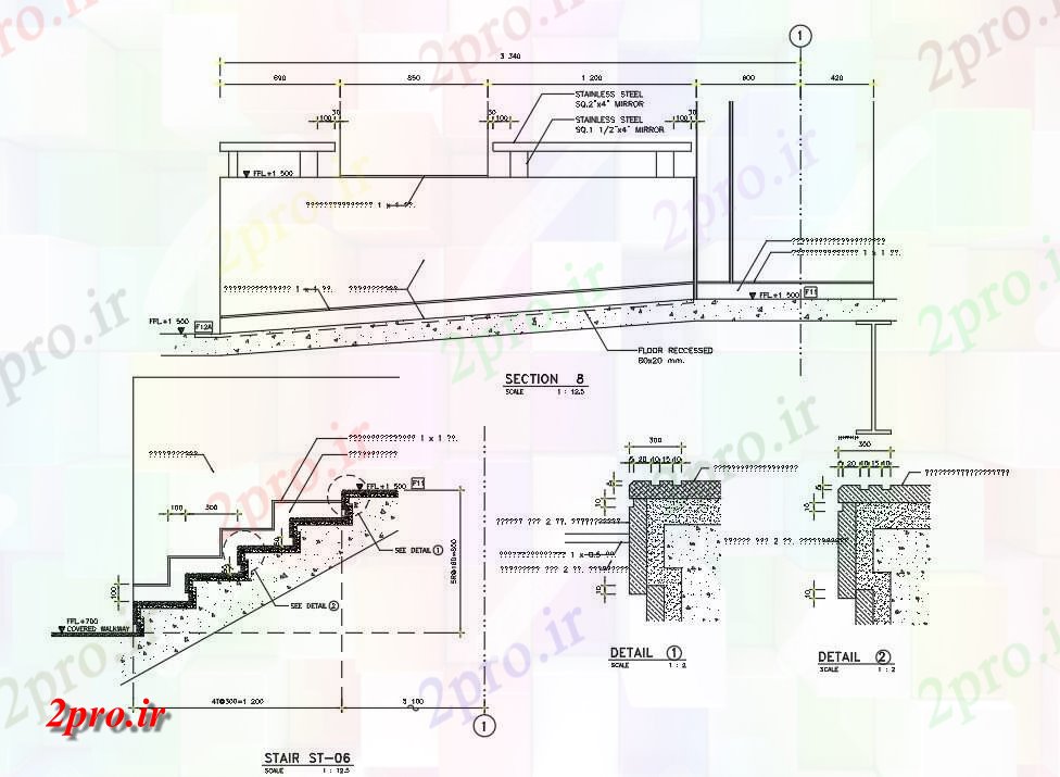 دانلود نقشه جزئیات پله و راه پله   موزاییک سیمانی مرمر نما کف پله بخش طراحی   (کد50142)