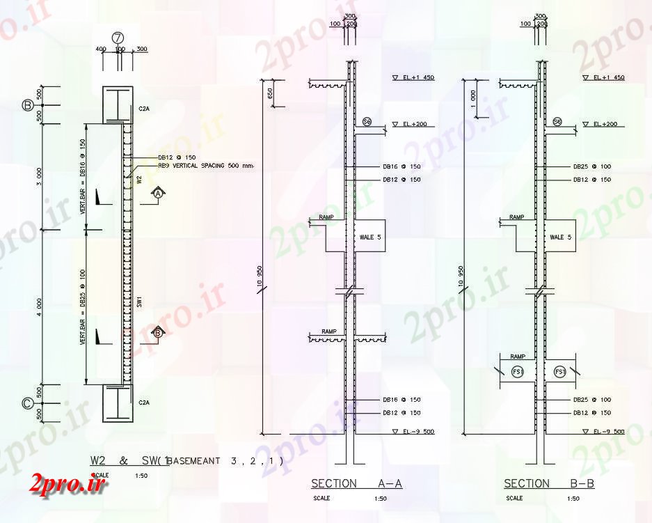 دانلود نقشه پلان مقطعی نمونه بخش دیوار جزئیات آرماتور         دو بعدی    (کد50149)