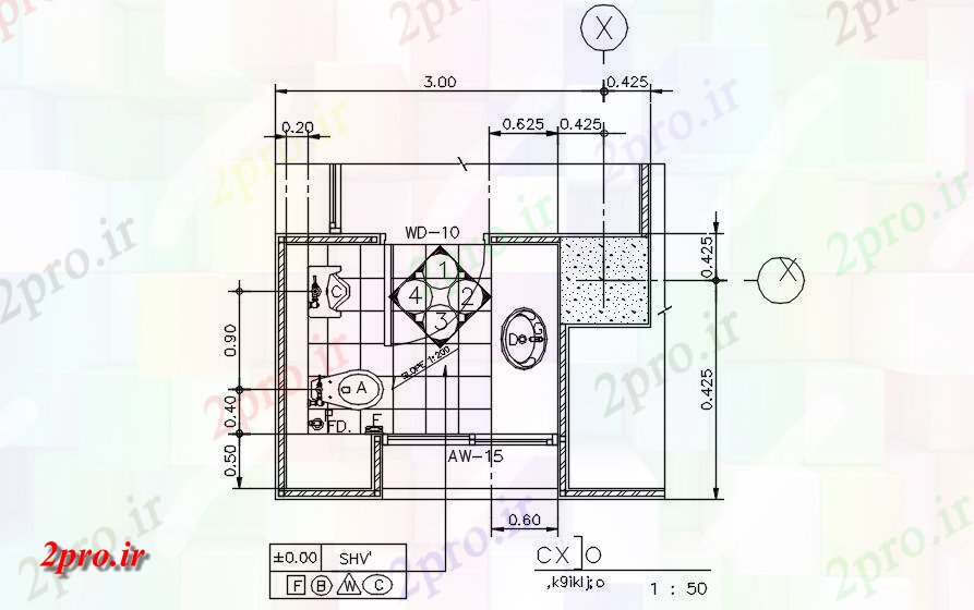 دانلود نقشه پلان مقطعی جزئیات بخش تنها توالت  دو بعدی  اتوکد       دو بعدی    (کد50255)