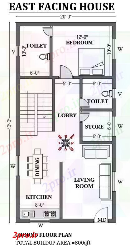 دانلود نقشه مسکونی  ، ویلایی ، آپارتمان   شرق 20'x40، مواجه طراحی خانه به عنوان در هر Vastu را   (کد50677)