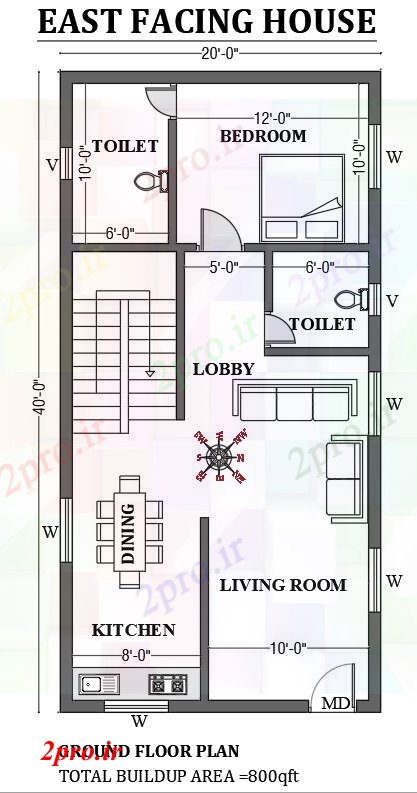 دانلود نقشه مسکونی  ، ویلایی ، آپارتمان   شرق 20'x40، مواجه طرحی خانه به عنوان در هر Vastu را   (کد50681)