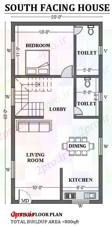 دانلود نقشه مسکونی  ، ویلایی ، آپارتمان  x40 ' رو به جنوب طراحی خانه به عنوان در هر Vastu Shastra هستند   (کد50682)