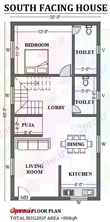 دانلود نقشه مسکونی  ، ویلایی ، آپارتمان  x40 ' رو به جنوب خانه به عنوان در هر Vastu Shastra هستند   (کد50686)