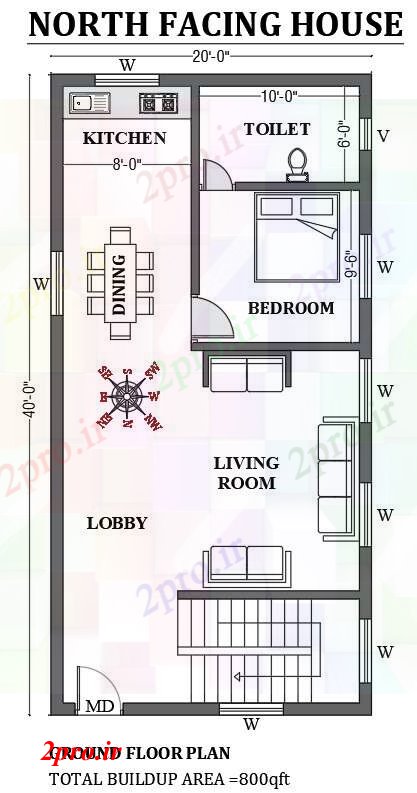 دانلود نقشه مسکونی  ، ویلایی ، آپارتمان  خانه مواجه  شمالی 20'x40 به عنوان در هر Vastu Shastra هستند   (کد50687)