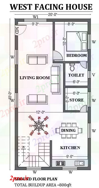 دانلود نقشه مسکونی  ، ویلایی ، آپارتمان  خانه رو به غرب 20'x40 به عنوان در هر Vastu Shastra هستند   طراحی  اتوکد     (کد50688)