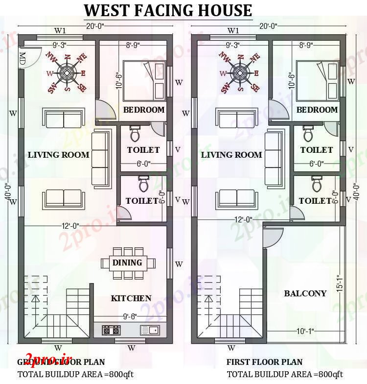 دانلود نقشه مسکونی  ، ویلایی ، آپارتمان  x40 ' غرب مواجه طرحی خانه به عنوان در هر Vastu Shastra هستند     اتوکد     (کد50713)