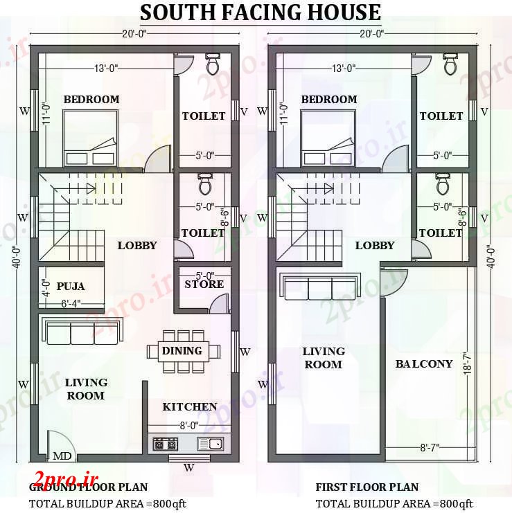 دانلود نقشه مسکونی  ، ویلایی ، آپارتمان  x40 ' رو به جنوب طرحی خانه به عنوان در هر Vastu را     اتوکد     (کد50716)