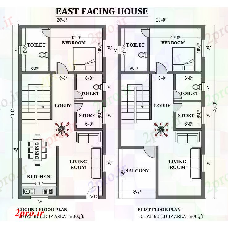 دانلود نقشه مسکونی  ، ویلایی ، آپارتمان   شرق 20'x40، مواجه طراحی خانه به عنوان در هر Vastu را     اتوکد     (کد50718)