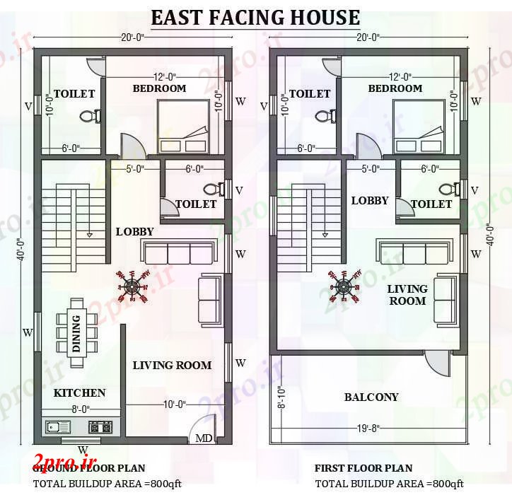 دانلود نقشه مسکونی  ، ویلایی ، آپارتمان   شرق 20'x40، مواجه طرحی خانه به عنوان در هر Vastu را     اتوکد     (کد50723)