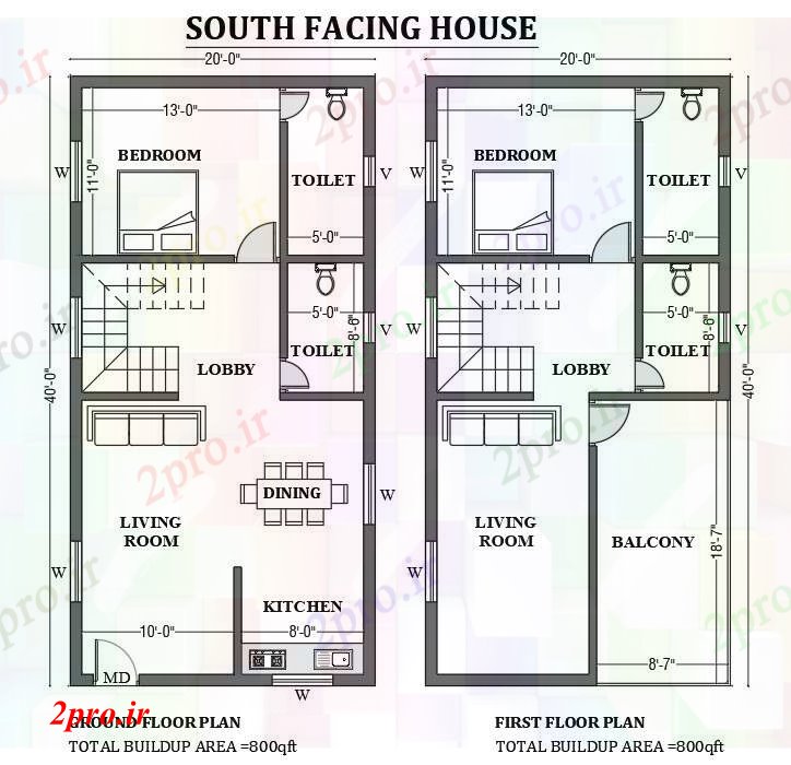 دانلود نقشه مسکونی  ، ویلایی ، آپارتمان  x40 ' رو به جنوب طراحی خانه به عنوان در هر Vastu Shastra هستند     اتوکد     (کد50725)