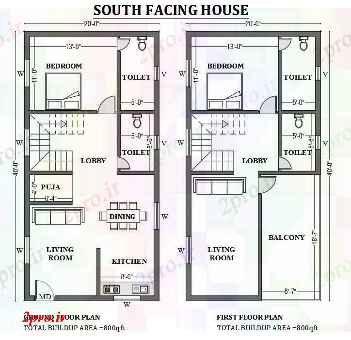 دانلود نقشه مسکونی  ، ویلایی ، آپارتمان  x40 ' رو به جنوب خانه به عنوان در هر Vastu Shastra هستند     اتوکد     (کد50731)