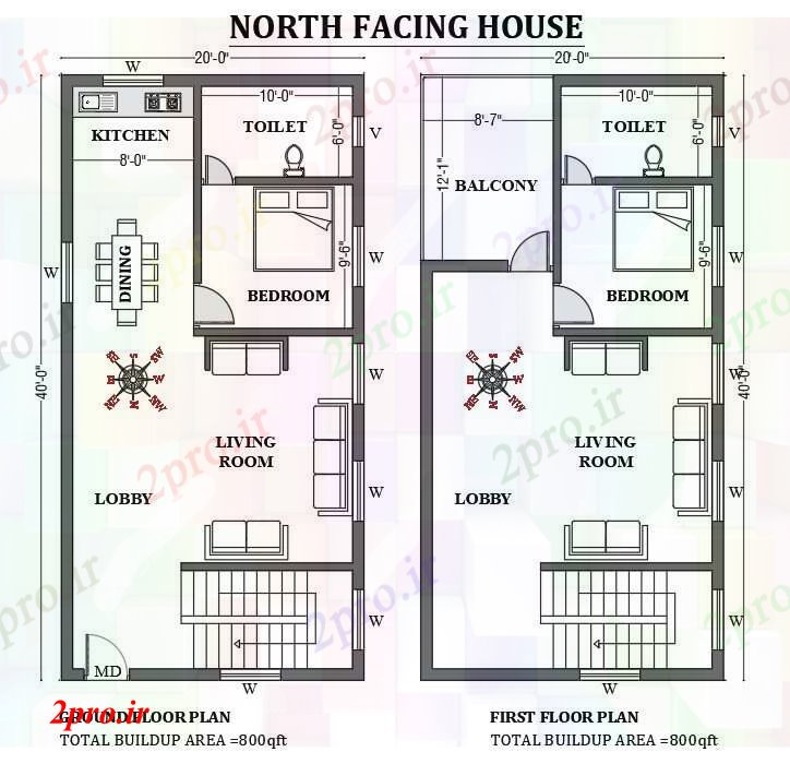 دانلود نقشه مسکونی  ، ویلایی ، آپارتمان  خانه مواجه  شمالی 20'x40 به عنوان در هر Vastu Shastra هستند     اتوکد     (کد50732)