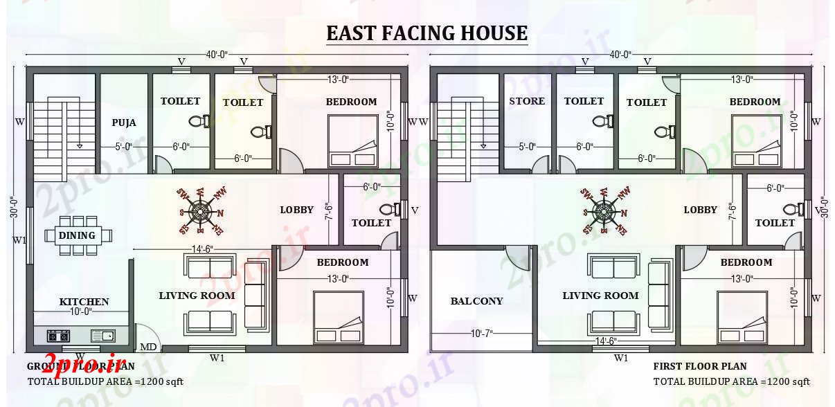 دانلود نقشه مسکونی  ، ویلایی ، آپارتمان  x30     شرق مواجه طرحی خانه به عنوان در هر Vastu Shastra هستند   طراحی  دو بعدی  اتوکد     (کد50764)