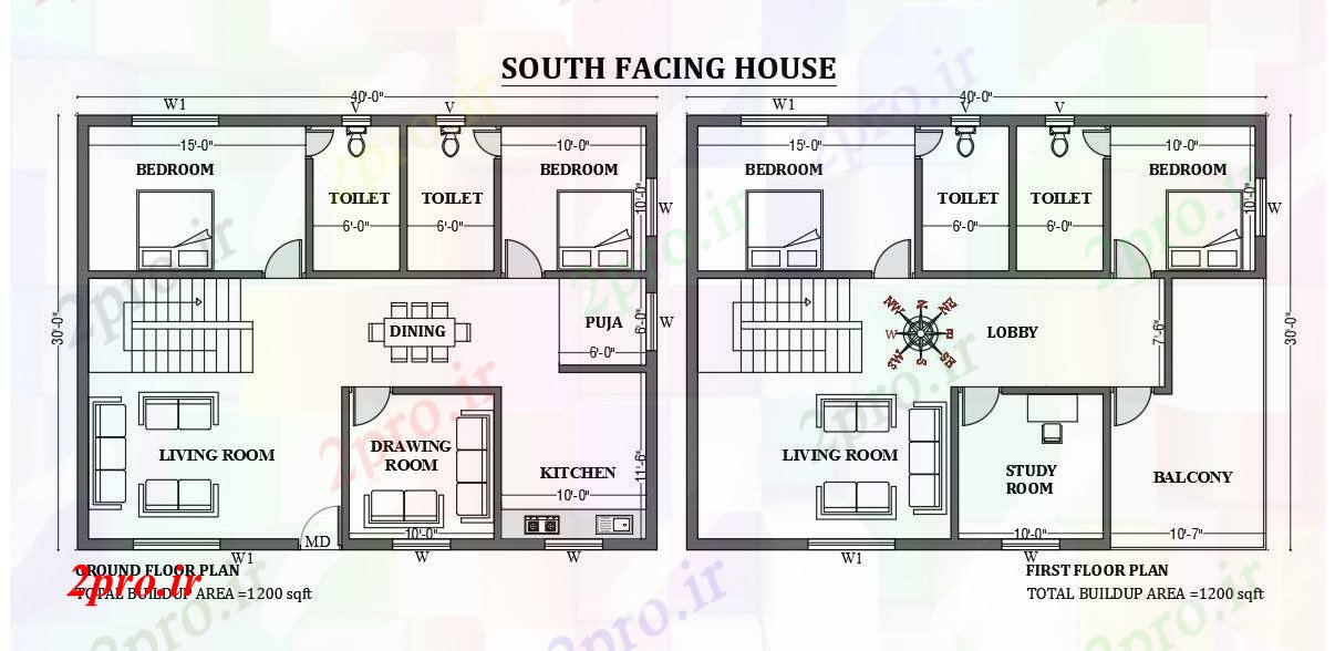 دانلود نقشه مسکونی  ، ویلایی ، آپارتمان  x30، جنوبی، رو طرحی خانه به عنوان در هر Vastu Shastra هستند   طراحی  دو بعدی  اتوکد     (کد50766)