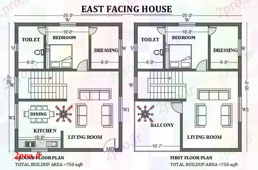 دانلود نقشه مسکونی  ، ویلایی ، آپارتمان  x30     شرق مواجه طرحی خانه به عنوان در هر Vastu Shastra هستند   طراحی  دو بعدی  اتوکد     (کد50788)