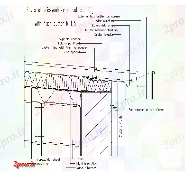 دانلود نقشه جزئیات ساخت و ساز سطح شیبدار سقف با قطره قطره شدن تخلیه بخش    (کد50871)